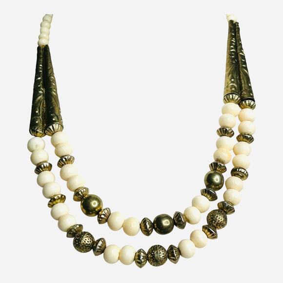 Vintage Cream Beaded Gold Tone Necklace Boho Hippie Style - Picture 1 of 2